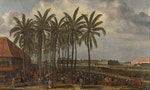 The castle of Batavia, seen from Kali Besar West around 1656. On the foreground a sort of market underneath palm trees.