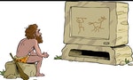 Prehistoric man watching television stone vector illustration
