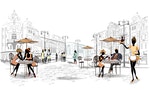 Series of street cafes in the old city with a musician, a waitress and people at the cafe tables — Vector by Laifalight