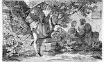 Classic illustration depicting Faust and Gretchen in the garden, Mephisto is listening, drawn by August von Kreling in Wolfgang von Goethe's "Faust", published in Munich, 1874 — Photo by yulan