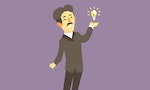 Full-length portrait of Nikola Tesla - famous scientist, electrical engineer and inventor. Cartoon man character and bright lamp. Vector illustration in flat style isolated on purple background.