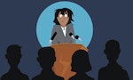 Terrified female speaker on a stage in front of the audience, EPS 8 vector illustration, no transparencies - 向量圖
