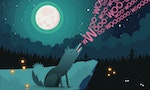 Lonely wolf sitting on the edge of a cliff near a dark forest at night is howling on full moon inviting friends from the forest to join. Vector illustration - 向量圖
