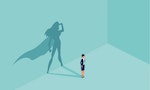 Vector of a businesswoman with superhero shadow. Symbol of ambition motivation leadership and challenge. - Vector
