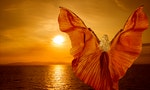 Woman with butterfly wings flying on fantasy sea sunset, relaxation meditation concept