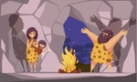 Cartoon poster with caveman family dressed in animal pelt collected around the fire in cave vector illustration - 向量圖