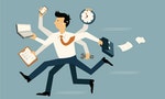 Businessman running in a hurry with many hands holding time, smart phone, laptop, wrench, paper note and briefcase, business concept in very busy or a lot of work to do. - Vector
