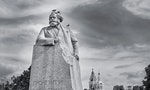 MOSCOW. RUSSIA - JUNE 14 2016 Karl Marx statue with birds on it. Dramatic black and white image - Image