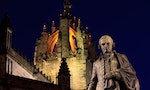 Night shot of the statue of economist Adam Smith on the Royal Mile in Edinburgh, capital of Scotland - Image