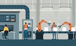 Efficient smart factory with workers, robots and assembly line, industry 4.0 and technology concept - 向量圖