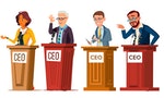 Character Ceo Talking From Tribune Set Vector. Man And Woman Orator Ceo Public Speaking From Rostrum With Microphone. Businessman Director Leader Speech Or Presentation Flat Cartoon Illustration - 向量圖