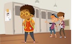 Sad overweight African-American boy wearing glasses going through school. School boys and gill laughing and pointing at the obese boy. Body shaming, fat shaming. Bullying at school. Vector - 向量圖