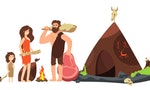 Cartoon caveman family. Prehistoric neanderthal hunters and kids. Ancient homo sapiens illustration. Family neanderthal, barbarian cavewoman - 插圖