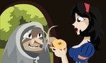 An image of the evil queen dressed up as an old hag offering the poisonous half of the apple to Snow White - 向量圖