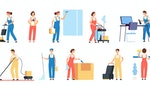 Cleaner persons. Cleaning service workers male female cleaners in uniform vacuuming housemaids household equipment vector characters - 向量圖