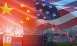 USA and China trade war economy conflict tax business finance money / United States raised taxes on imports of goods from China on Container ship in export and import logistics background