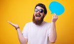 shutterstoShare opinion speech bubble copy space. Men with beard mature hipster wear sunglasses. Explain humor concept. Funny story and humor.ck_1302107116