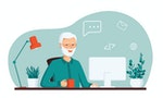 Elderly gray-haired smiling pensioner man sits at a computer. The concept of remote work from home, distance learning, programming, freelance for retired people. Flat cartoon vector illustration