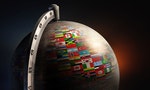 vintage metal desktop globe with nation flags on dark abstract background