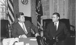 President meets with Secretary of Defense. President Kennedy, Secretary McNamara. White House, Cabinet Room - NARA - 194244
