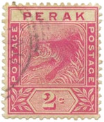 霹靂第一批郵票的圖案是獵食中的馬來亞虎。(1892年)
