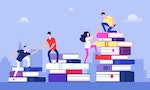 People climbing books. Business success, education level and staff and skill development vector concept. School study people, success student learn books illustration