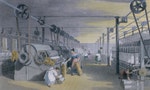 industry revolution Machines making cotton thread by performing mechanical versions of carding drawing and roving in a mill in Lancashire England ca 1835 Engraving with modern watercolor.