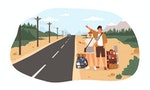 Young happy couple with backpacks standing near road and hitchhiking. Cute smiling man and woman thumbing or hitching ride. Adventure travel, road trip, tourism. Flat cartoon vector illustration.