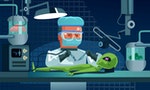 Scientist doctor man character dissects alien UFO lying on table dead body corpse and making surgical operation on internal organs. Scientific tests and experiments. Vector flat cartoon illustration