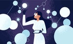 Female scientist in lab coat checking artificial neurons connected into neural network. Computational neuroscience, machine learning, scientific research. Vector illustration in flat cartoon style.