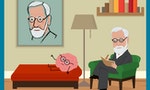 Sigmund Freud Cartoon - Freud is sitting on his green couch, analyzing a brain with glasses. Eps10