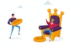 Hype, Viral Info in Social Network, Trends in Advertising, News and Public Relations Concept. Male Character Give Golden Money Coin to King Sitting on Throne. Cartoon People Vector Illustration