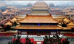 An aerial landscape view of the Forbidden City in Beijing, China. No people. Copy space