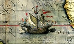 Detail from a map of Ortelius: Magellan's ship Victoria