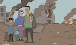 Family of refugees with two children on destroyed buildings background. Immigration religion and social theme. War crisis and immigration. Horizontal vector illustration characters.
