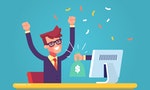 The hand from the monitor stretches a bag of money to a happy man. Concept of earnings on the Internet, online income, gambling. Modern vector illustration.