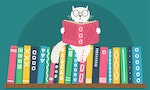 Bookshelf with fantasy clever white cat reading book on teal background. Vector illustration.