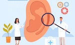 Ear examination ill searching in doctor office. Vector graphic design illustration