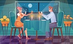 Blind date flat composition with blindfolded couple having date at restaurant table with drinks and smartphones vector illustration