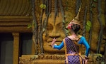 Back view of actress showing Khon dancing performance in Siem Reap, Cambodia. The UNESCO announced Khon, the Thai masked dance drama, and Lkhon Khol of Cambodia are intangible cultural heritage.