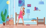 Morning exercises flat vector illustration. Healthy lifestyle, woman doing sport, training, workout at home. Smiling female cartoon character activity, cat sleeping on bed. Lady room interior design
