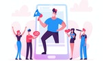 Blogging, Social Media Networking during Covid19 Pandemic. Blogger Man Character with Megaphone at Huge Smartphone Screen, People Watch Broadcasting, Streaming Video Post. Cartoon Vector Illustration