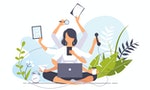 Vector business illustration concept of businesswoman practicing meditation. Girl with many arms sits in the Yoga lotus position and doing many tasks at the same time. Multitasking. Time management.
