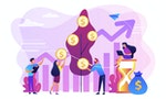 Money investing, financiers analyzing stock market profit. Portfolio income, capital gains income, royalties from investments concept. Bright vibrant violet vector isolated illustration