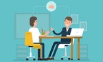 Vector concept interviews by the candidate in flat style. Jobseeker and employer sit at the table and talk. Good impression. Thumbs up! Simple concept with working situation, recruitment or hiring.